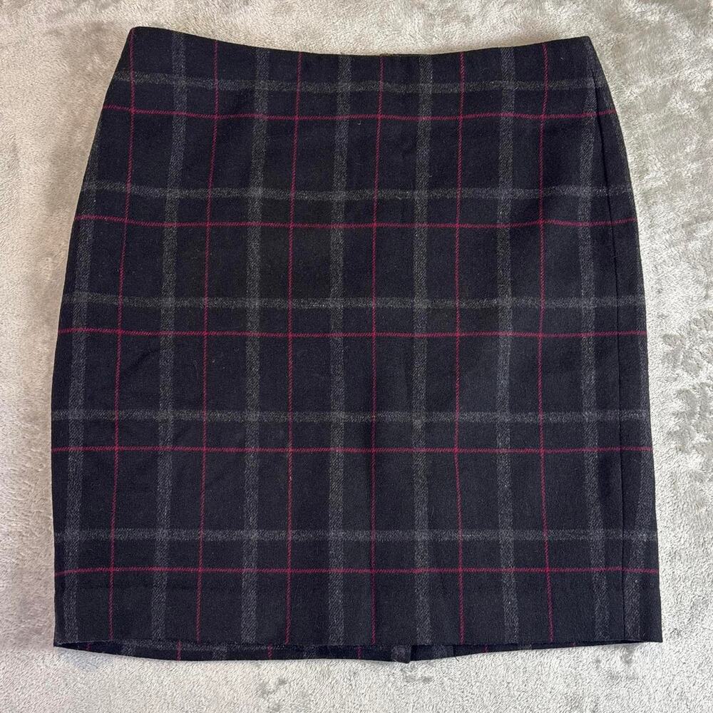 Talbots Black Plaid Wool Midi Skirt with Burgundy Windowpane